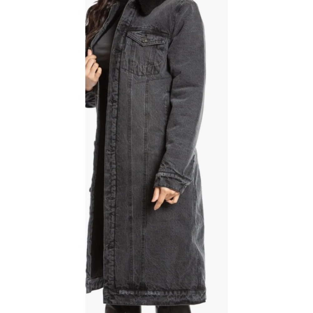 Juicy Couture Womens Long Trucker‎ Jacket Black Denim Sherpa Collar XL NEW